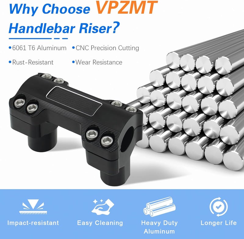 VPZMT Handlbar Risers 2'' Tall for Harley Softail, Fat Boy, Breakout, Dyna, Touring, Street Glide, Road Glide, Electra Glide, Road King with 1.0" Clamping Cover Area Models, Black - Image 5